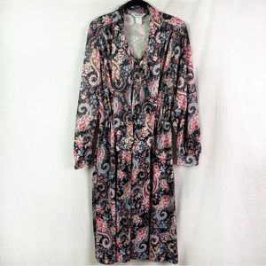 Vintage 70s Black Floral Paisley Long Sleeve Dress Med Neck Tie
